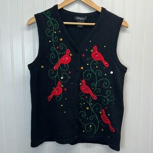 Vintage SML Design Cardinal Sequin Appliqué Sweater Vest Sz S‎